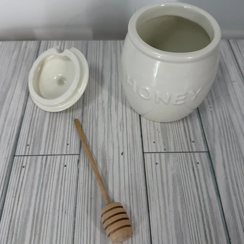 Sur La Table White Ceramic Honey Pot Jar Wooden Dipper and‎ Lid Embossed Honey